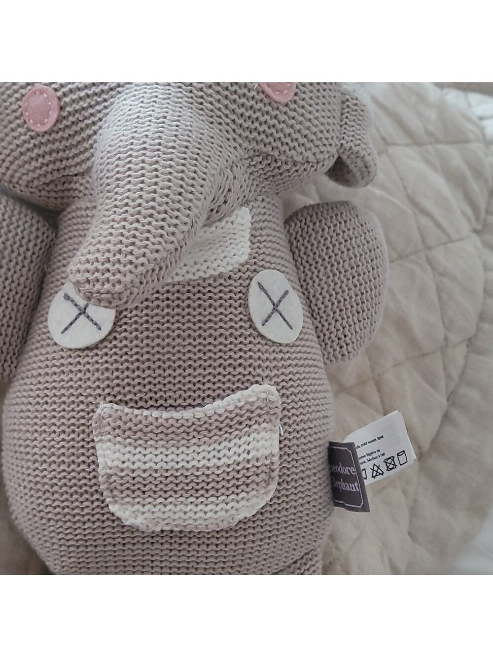 Living Textiles Theodore Knit Plush Elephant Baby, NWT Toy, Gray/White/Pink